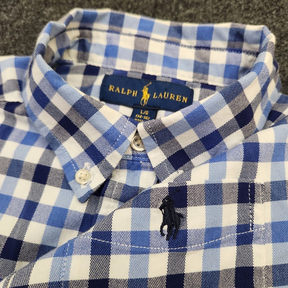 Ralph Lauren Boys Large 14-16 Blue Check Button Down Shirt Cotton Blend Stretch